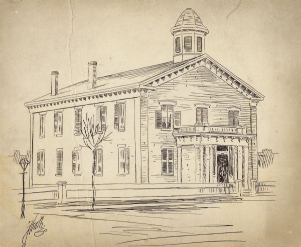Drawing of a two-story school house.  A bell tower is on the roof, a tree and a lamp post and fence are next to the road.