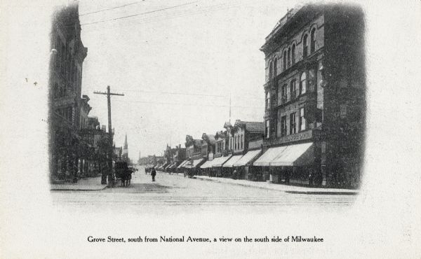 South from National Avenue, a view on the south side of Milwaukee.  A church steeple is on the distant left.  An electric pole is on the left corner, next to a horse-drawn carriage.