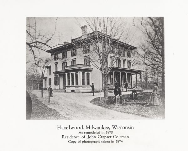 The residence of John Crapser Coleman, as remodeled in 1870.  A large house is in the middle of the image, with a drive leading up to the left of the house.  In the yard are two women and a man playing croquet, while  men stand in the driveway.  The trees are bare and leaves are on the ground.