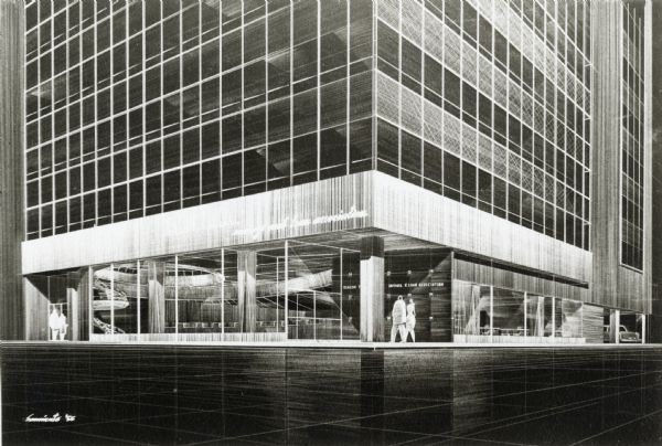 Drawing of proposed building's exterior.  Architects were Bank Building Corporation.