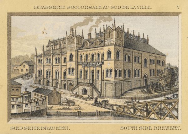 Southside Brewery, formerly the Melm's Brewery. A bridge, a boat, a river, several small buildings, and horse-drawn vehicles are in the foreground. Caption at top reads: "Brasserie Succursale Au Sud De La Ville." Captions at bottom read: "Sied Seite Brauerei" and "South Side Brewery."