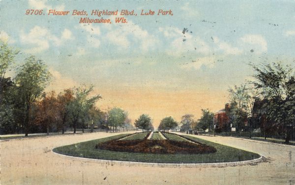 The postcard caption is in error in its reference to Lake Park, which is distantly located from this street. Possibly Highland Park was intended. A second possibility is that this view depicts Newberry Boulevard at Lake Park. A grassy division (median) splits the tree-lined boulevard down the center from the foreground to the distance. Caption reads: "Flower Beds, Highland Blvd., Lake Park, Milwaukee, Wis."