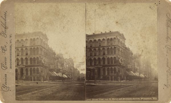 Stereograph; caption on the image is incorrect as to the street locations.  Actually located at the intersection of North Water Street and East Wisconsin Avenue.  View looking southeast.  The north and west facades are constructed of cast iron and were planned and manufactured by the Architectural Iron Works of New York City.  The building was designed by George H. Johnson and erected in 1860-1861 for James Baynard Martin, a grain and real estate dealer, insurance executive, and banker.