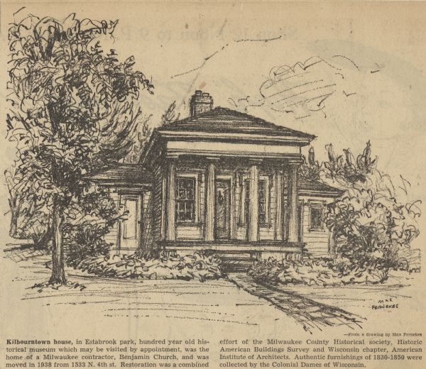 Newspaper clipping featuring a drawing by Fernekes. The house has four fluted columns on the front porch.