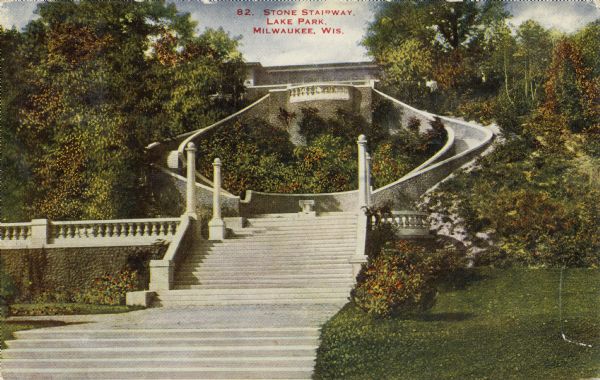 Stone Stairway. At the top there is a decorative balcony overlooking the stairway, and part of a building can be seen. Caption reads: "Stone Stairway, Lake Park, Milwaukee, Wis."