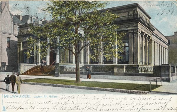 Exterior view of the classical-style building. The facade has fluted columns, decorated capitals, ornate railings, and a wide stairway leading to the entrance. Caption reads: "Milwaukee. Layton Art Gallery,."
