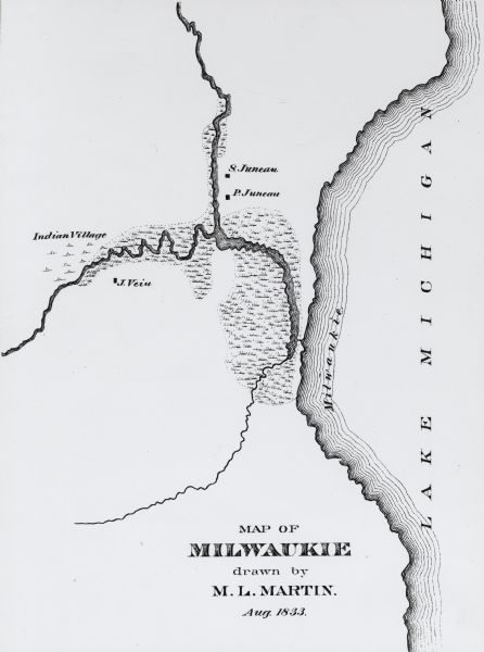Published in James Smith Buck's, "Pioneer History of Milwaukee". Lake Michigan is on the right, with three rivers that combine at different points and reach into the lake. Labeled on the map is an Indian Village, J. Veiu, S. Juneau, and P. Juneau, and a grassy/marsh area.