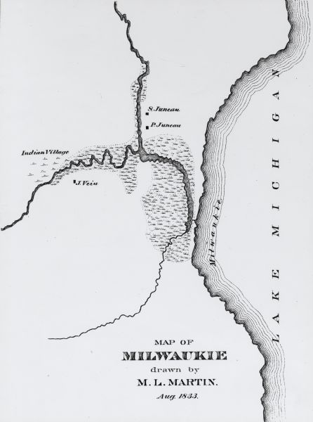 Published in James Smith Buck's, "Pioneer History of Milwaukee". Lake Michigan is on the right, with three rivers that combine at different points and reach into the lake.  Labeled on the map is an Indian Village, J. Veiu, S. Juneau, and P. Juneau, and a grassy/marsh area.