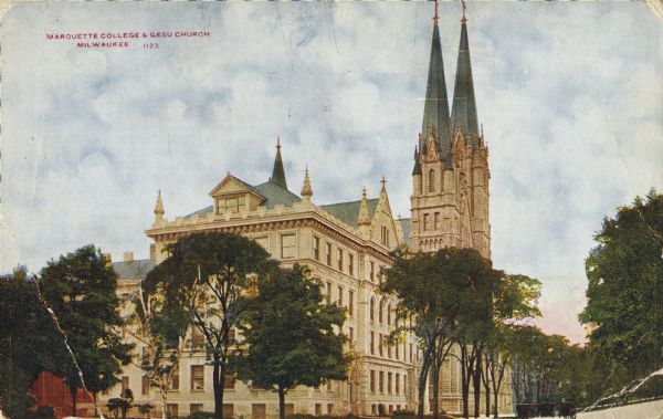 Exterior view of church with towers. Three horse-drawn carriages are parked in front. Caption reads: "Marquette College and Gesu Church, Milwaukee."