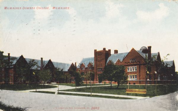 The college is set back from the road, behind a lawn with paths, benches, and trees. An observatory dome can be seen on the right side behind a roof. Caption reads: "Milwaukee Downer College, Milwaukee."