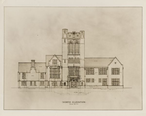 Merrill Hall; North elevation.  Architectural plans with scale.