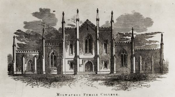 First building of Milwaukee College planned by Catherine E. Beecher.  Front of building with gothic detailing in the architecture.