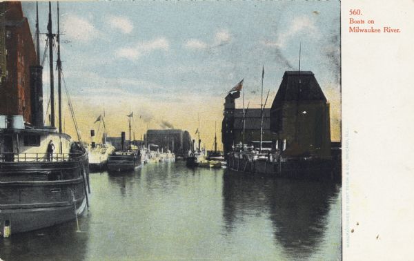 Boats on the Milwaukee River. Caption reads: "Boats on Milwaukee River."