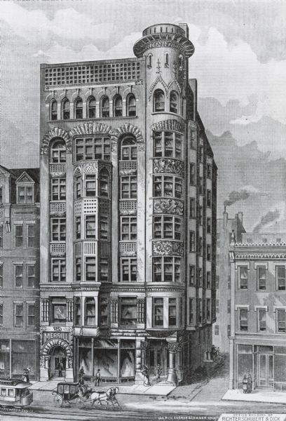 Formerly the Richter, Schubert and Dick office building.  Seven-story building with a rounded corner next to the alleyway.  The word Merrill is above one entrance.