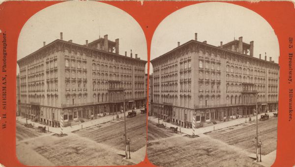 Stereograph of elevated view of Newhall House which was destroyed by fire in 1883.