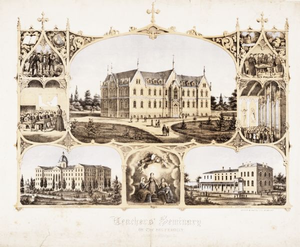 1868-1875. Founded by Dr. Joseph Salzman (featured in the vignette at left, teaching). Vignette, lower left, features St. Francis Seminary, founded in 1856; vignette, lower right, is the St. Aemilianus Orphan Asylum. The central vignette is the Normal school. The bottom center has Jesus, Mary, and Joseph. The remaining three are of various teaching settings.