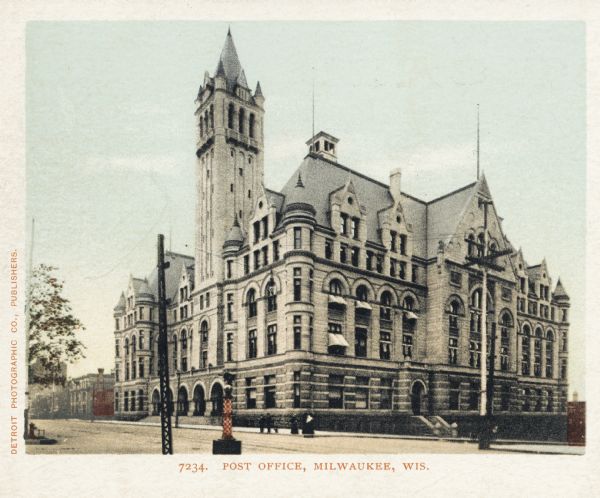 View from across the street with pedestrians walking on the sidewalk in front. Caption reads: "Post Office, Milwaukee, Wis."