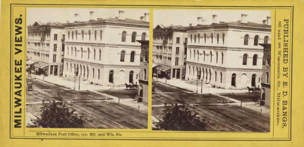 Stereograph.  Elevated view of corner of Milwaukee and Wisconsin Streets. Three-story white building with several chimneys. A horse and cart are on the right.