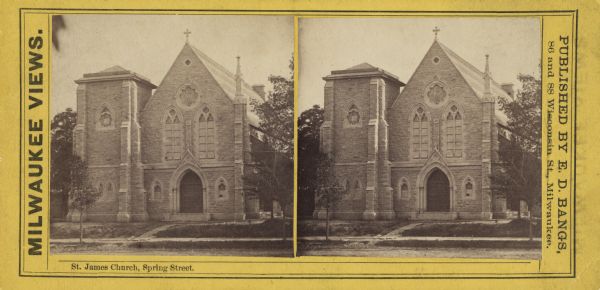 Stereograph. On Spring Street. Front of church along the road, with trees on each side.
