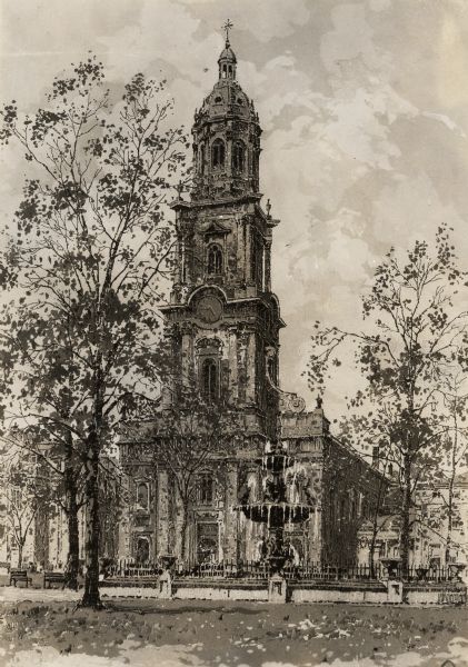 Drawing of a fountain and trees in Courthouse Square (now Cathedral Square) in front of the church.