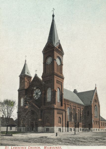 A clock is in the taller corner belfry. A rose window is on the front facade. Caption reads: "St. Lawrence Church, Milwaukee."