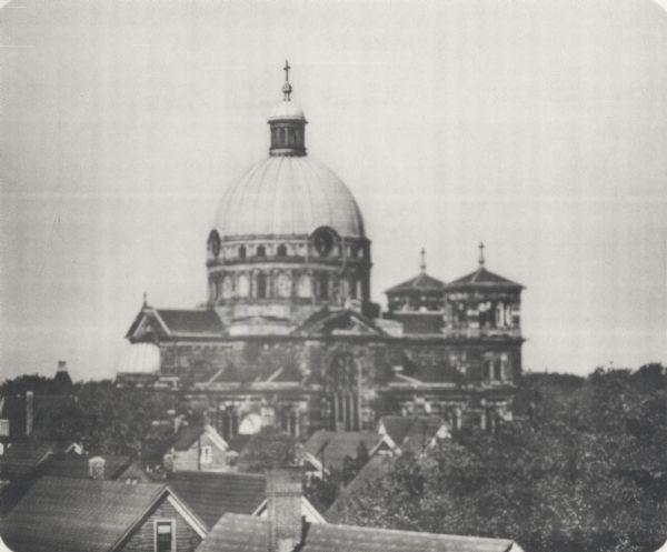 Elevated view of west side of Basilica, with the apse on the left.