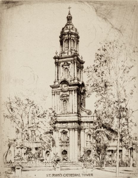 Etching of the church through the park with a fountain on the left.
