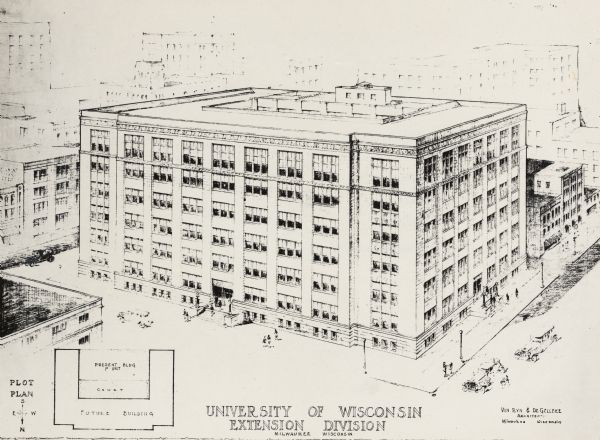 Architectural drawing for the building with plan for expansion in lower left corner.  Elevated view of University of Wisconsin-Milwaukee.  Pedestrians and cars are on the sidewalks and roads.