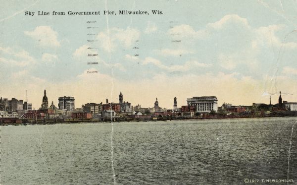 From Government Pier, looking at downtown Milwaukee. Caption reads: "Sky Line from Government Pier, Milwaukee, Wis."