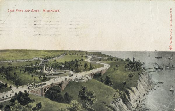 Elevated view with the lake on the right, with a number of boats near the shoreline. There is a long winding road through the park, including bridges, a fountain, and a lighthouse with a flag. Pedestrians are walking, riding bicycles, and driving horse-drawn vehicles on the roads and paths. Caption reads: "Lake Park and Drive, Milwaukee."