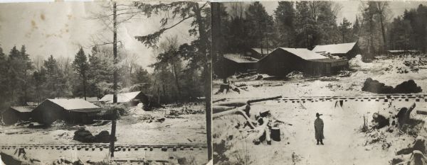 Two separate views. Left image: E.S. Hammond's Camp at Gillette. Spur(?). Several buildings are behind railroad tracks.  Right image: Louis Boudry, the cook, stands in the snow in front of railroad tracks.