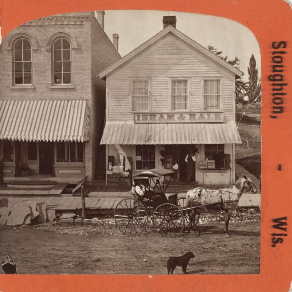 Elevated exterior view of storefront, one half of a stereograph. A man and child are standing in the doorway of the store, and a man in a horse-drawn carriage is in the street in front. A dog is in the lower foreground.