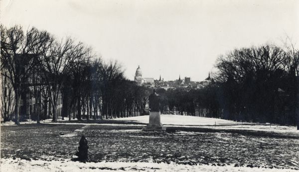 View from Bascom Hill and the Lincoln Monument toward the Wisconsin State Capitol building, still under construction.