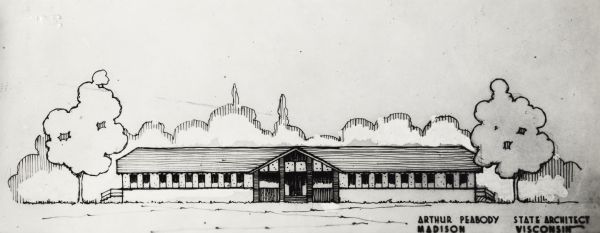 ARchitectural rendering of building at the Wisconsin Memorial Hospital. Arthur Peabody was the state architect.