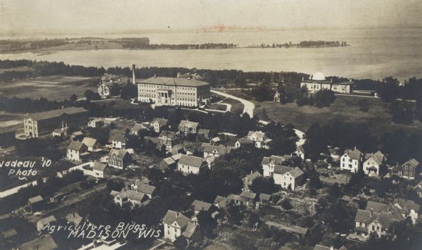 Aerial View of University of Wisconsin-Madison College of Agriculture. Lake Mendota with Picnic Point is in the background.