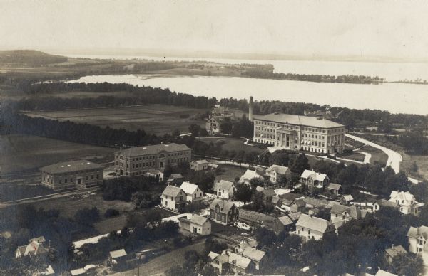 Aerial View of University of Wisconsin-Madison College of Agriculture. Lake Mendota with Picnic Point is in the background.