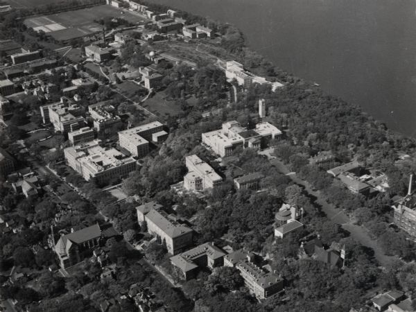University of Wisconsin-Madison, from Park Street to the men's dormitories.  Part of Lake Mendota is in the top right corner.