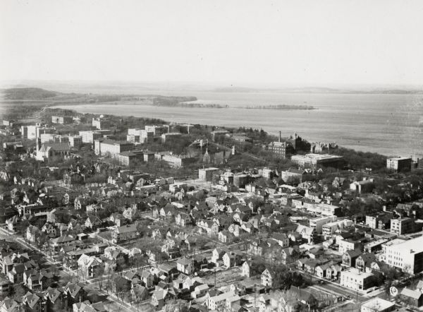 University of Wisconsin-Madison lower campus and the surrounding neighborhoods. Lake Mendota and Picnic Point are in the background.