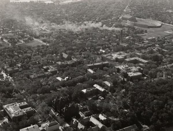 University of Wisconsin-Madison campus, looking south from Lake Mendota. Camp Randall stadium is in the upper right.