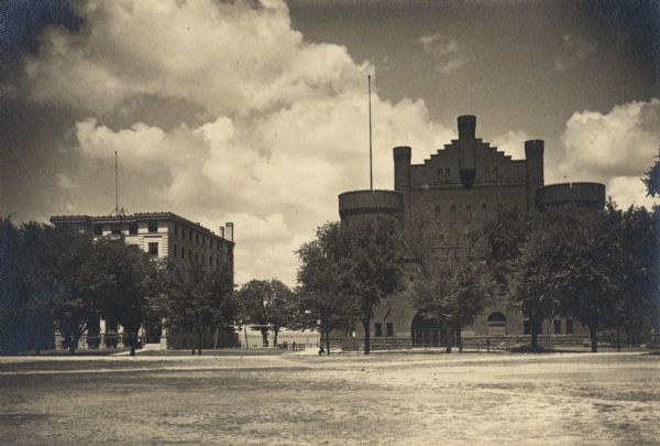 Armory (Red Gym or Old Red) on Langdon Street, with YMCA (on the left), and Lake Mendota in the background.  University of Wisconsin-Madison campus.