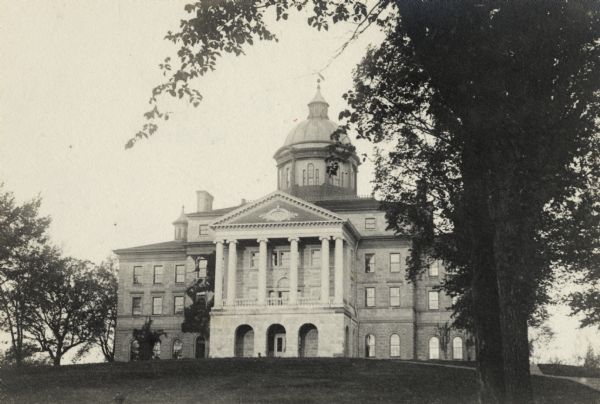 Exterior of front entrance of Main Hall (now Bascom Hall) on the University of Wisconsin-Madison campus.