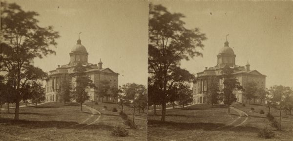 Stereograph of exterior of Main Hall (now Bascom Hall) on the University of Wisconsin-Madison campus.