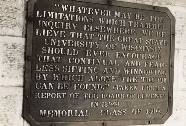 "Sifting and Winnowing" plaque mounted at front door of Bascom Hall (formerly Main Hall) on the University of Wisconsin-Madison campus. Plaque donated by the class of 1910.