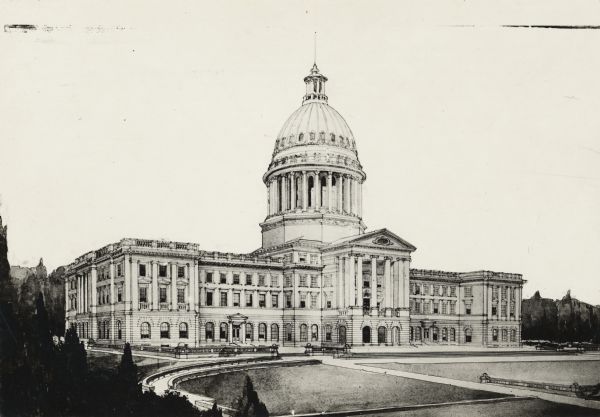 Illustration of Bascom Hall on University of Wisconsin-Madison campus.  Formerly called "University" or "Main" hall, the building in 1920 was renamed for John Bascom who served as University of Wisconsin President from 1874-1887.  This illustration appeared as one of a set of nine prints executed by the Architectural Commission as a "general design for future constructional development."