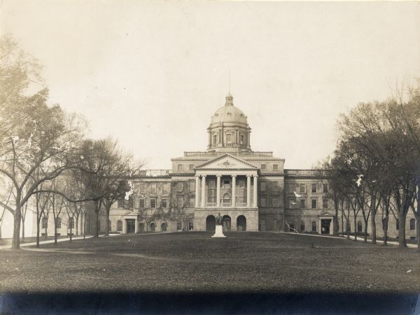 Bascom Hall (formerly Main Hall) on the University of Wisconsin-Madison campus. The Lincoln Monument is on Bascom Hill in front of the main entrance.
