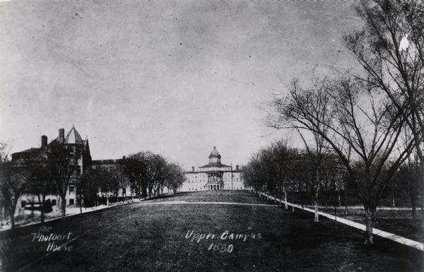 View up Bascom Hill on the University of Wisconsin-Madison campus.  Bascom Hall (formerly Main Hall) is at the top of the hill.
