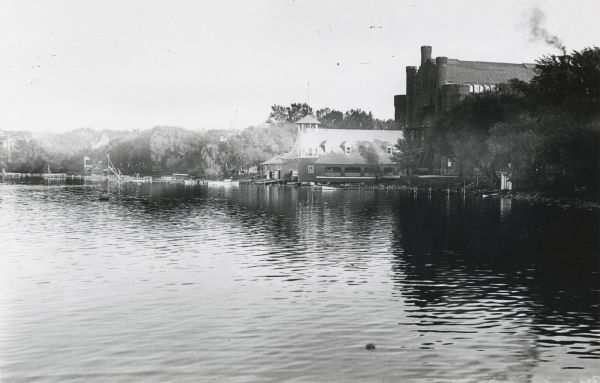View from Lake Mendota of boathouse on the University of Wisconsin-Madison campus. The Armory (Red Gym or Old Red) is to the right of the boathouse.