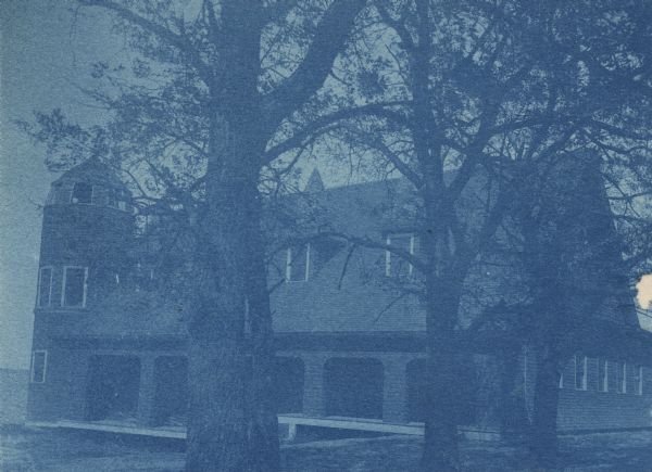 Cyanotype view of side of boathouse on the University of Wisconsin-Madison campus.