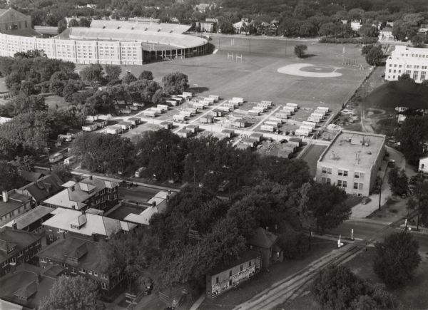 Aerial view of married student housing located next to the baseball field near Camp Randall stadium and the Field House.