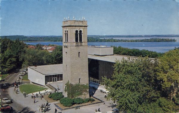 Elevated view of the Carillon Tower and Social Science Building, on the University of Wisconsin-Madison campus. Picnic Point and Lake Mendota are in the background.